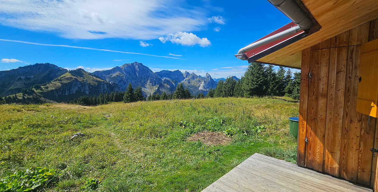 Blick auf die Alpenlandschaft mit grünen Wiesen und einer Holzhütte im Vordergrund unter blauem Himmel.